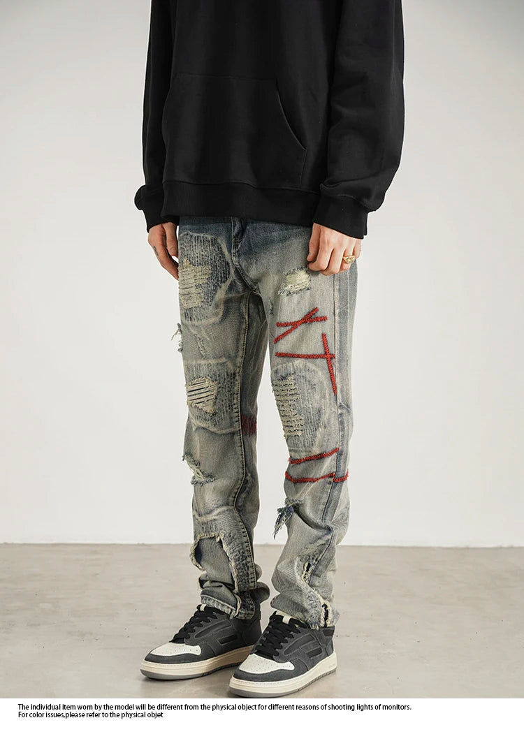 destroyed ripped straight jeans pants mens distressed biker jeans fashion irregular embroidery streetwear hip hop pants joggers unique joggers style 3948