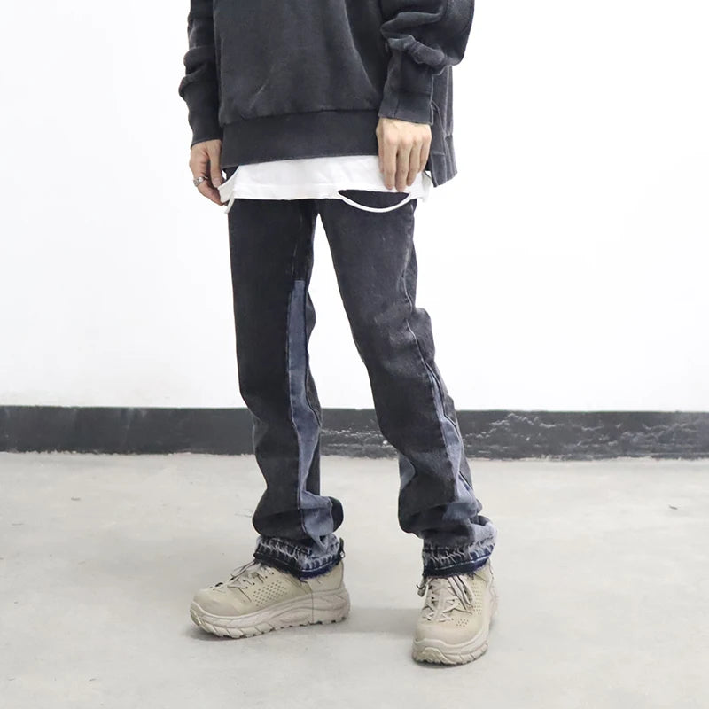 high street washed color match frayed micro flared jeans mens straight spliced retro loose casual denim pants hip hop trousers unique jeans style 20