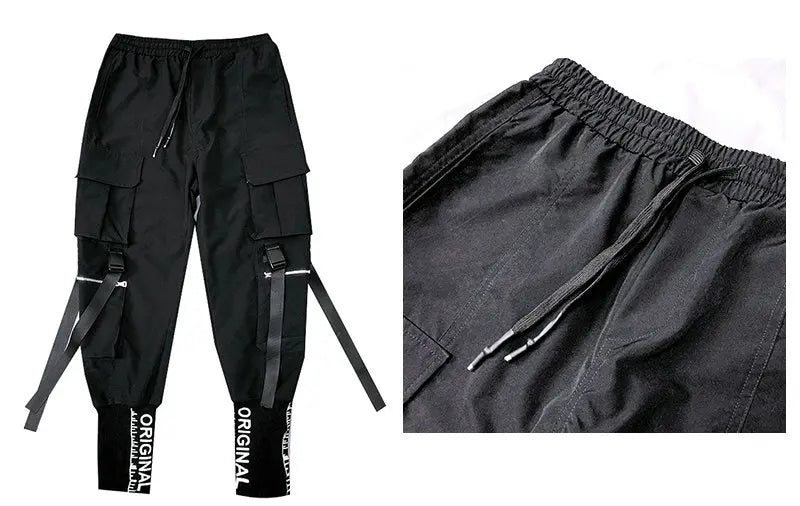 hip hop men ribbons cargo pants fashion harajuku 2023 new elastic waist casual streetwear mens joggers trousers black unique joggers style 3659