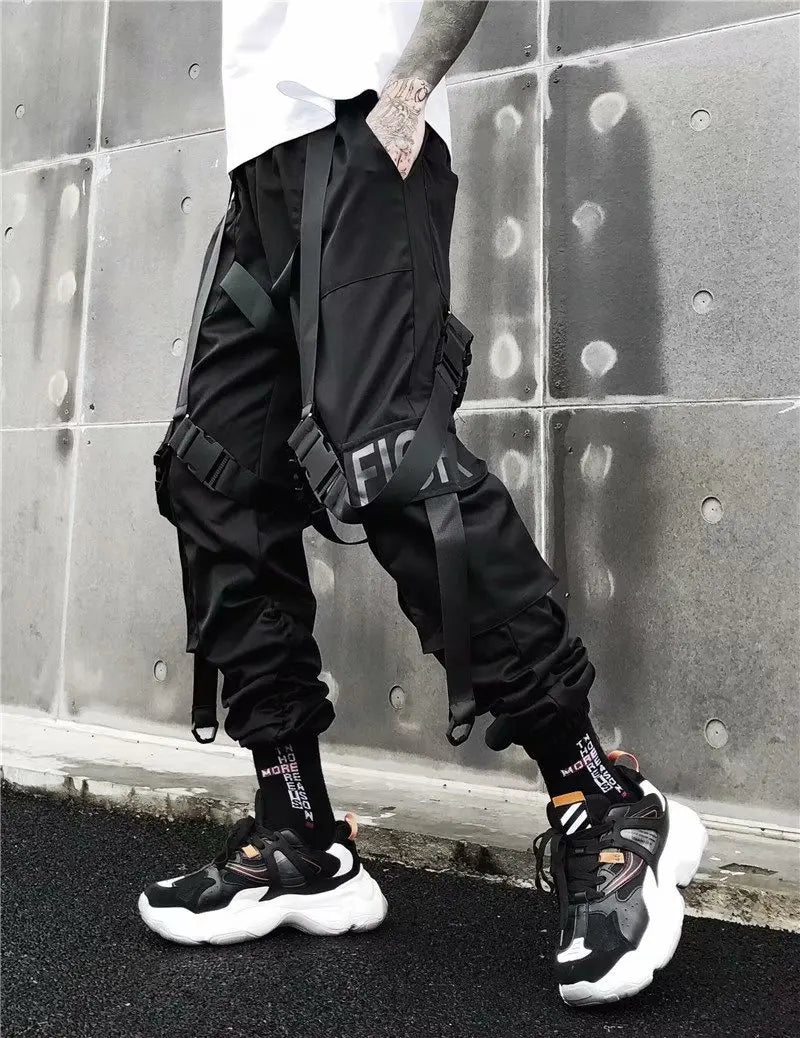 men hip hop black cargo pants joggers sweatpants overalls men ribbons streetwear harem pants women fashions trousers unique joggers style 2717