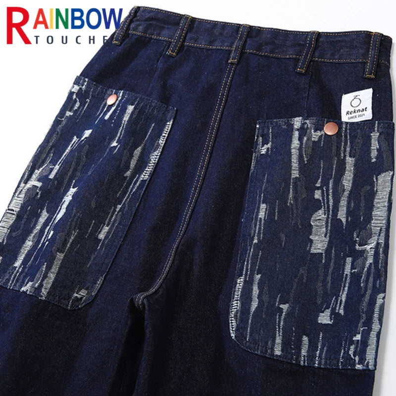 rainbowtouches fashion brand mens jeans high street pants print design long trousers loose straight vintage style boy wide legs vintage washed jeans