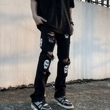 fashion skull printed denim jeans mens destoryed holes zipper flare jeans hip hop streetwear summer casual joggers jeans pants streetwear sweatpants