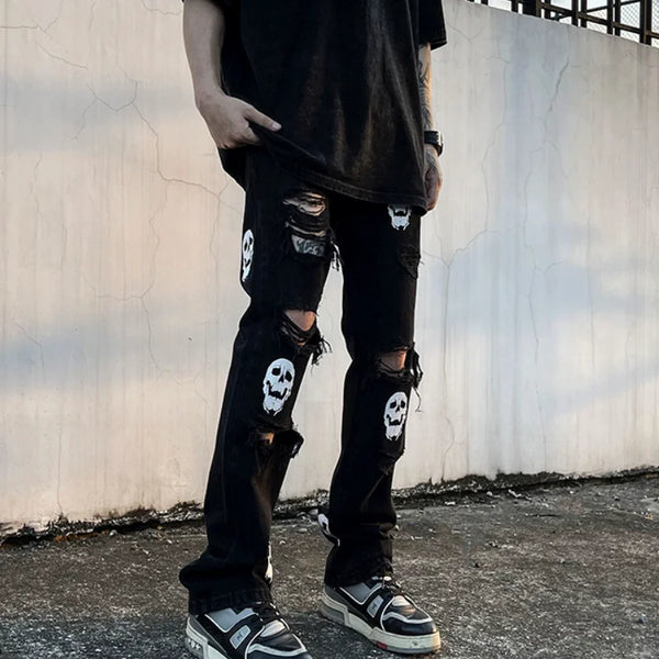 fashion skull printed denim jeans mens destoryed holes zipper flare jeans hip hop streetwear summer casual joggers jeans pants streetwear sweatpants
