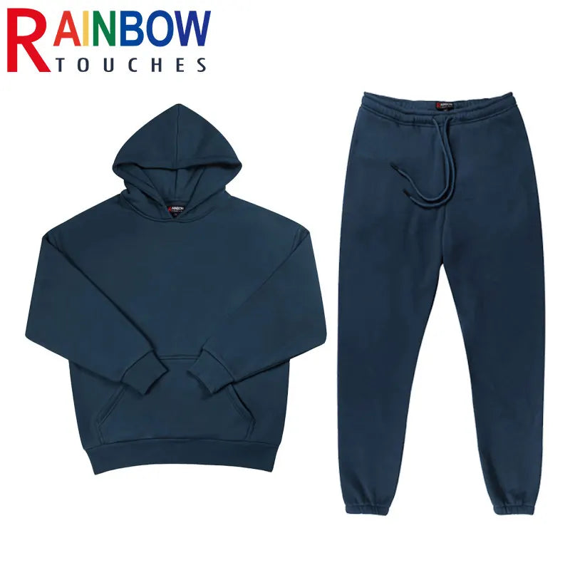 rainbowtouches quality pure cotton 2 piece couple hoodie solid color hip hop casual sportswear pullover mens pants plush unique default style 1468