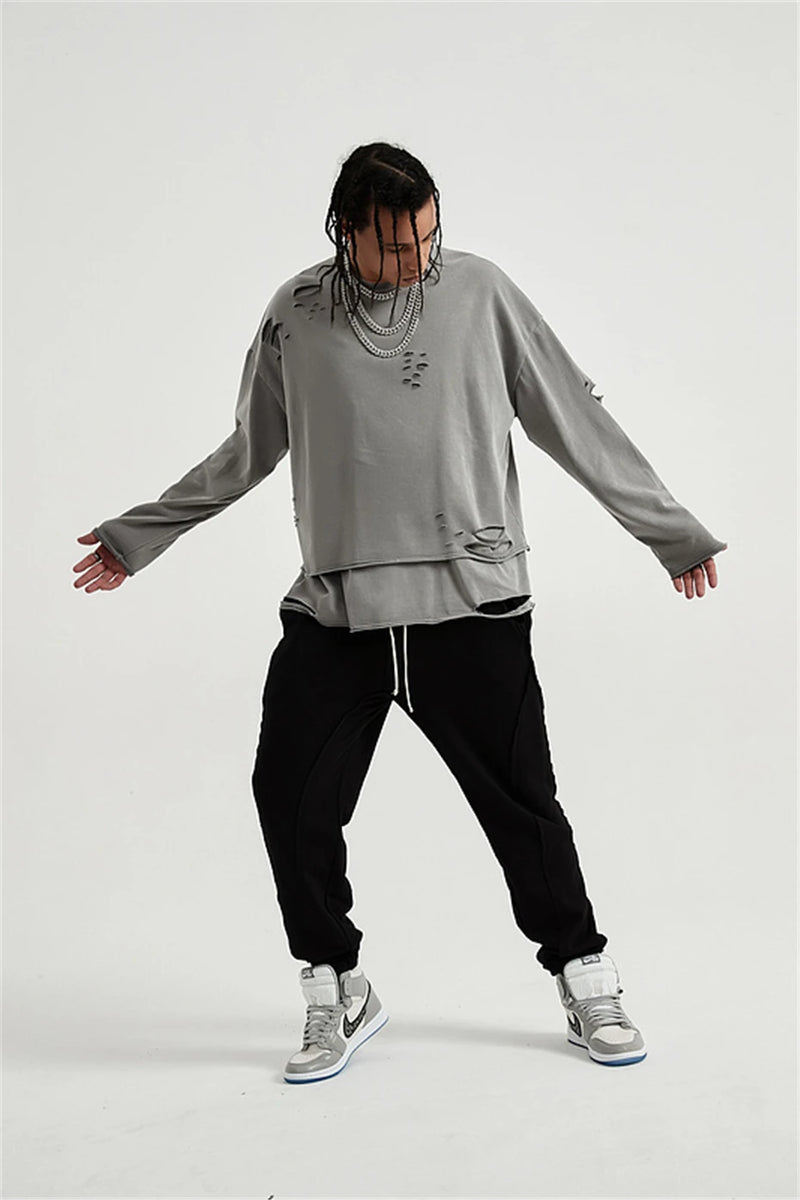 Hip Hop Streetwear Vintage Sweatshirt 2021 Autumn Creative Distressed Destroyed Ripped Holes Pullover Cotton Tops Loose WE301