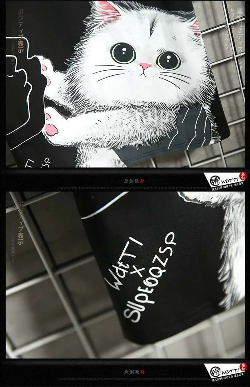 Y2K Graphic Tee – Black Kawaii Cat T Shirt Men Japanese Cute T Shirt – Urban Streetwear for Men & Women