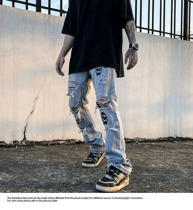 fashion skull printed denim jeans mens destoryed holes zipper flare jeans hip hop streetwear summer casual joggers jeans pants unique joggers style 3772