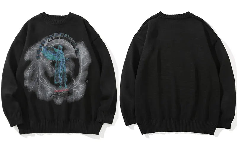 varsity flame pullover for men with bold graphic knit design, perfect for 2025 fashion, street fashion menswear trend for sea