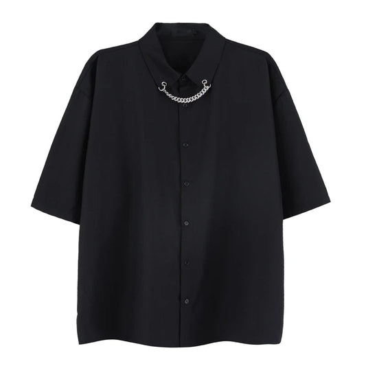 Men Fashion Punk Shirt  Hip Hop Black Harajuku Shirts with Chain Streetwear Summer Loose Short Sleeve Casual Tops Mens Shirts
