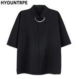 Men Fashion Punk Shirt  Hip Hop Black Harajuku Shirts with Chain Streetwear Summer Loose Short Sleeve Casual Tops Mens Shirts