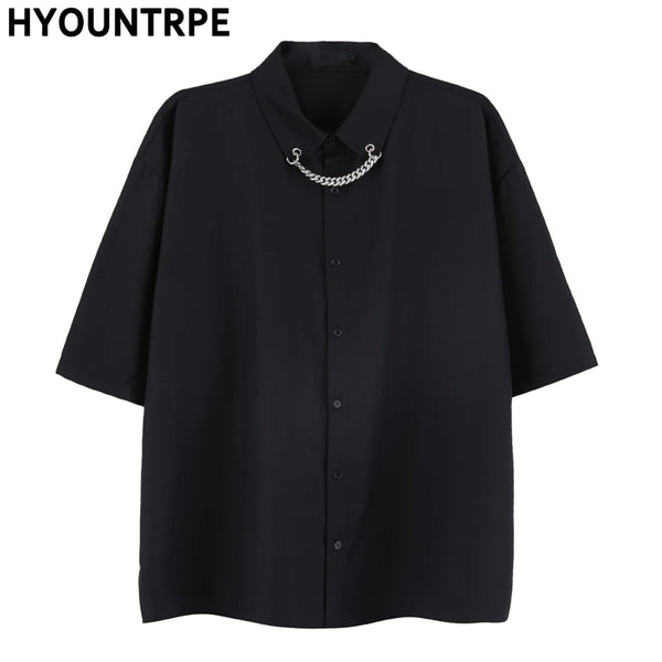 Men Fashion Punk Shirt  Hip Hop Black Harajuku Shirts with Chain Streetwear Summer Loose Short Sleeve Casual Tops Mens Shirts
