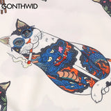 Sadcore Oversized shirt – Gonthwid Hawaiian Beach Shirts Harajuku Japanese Tattoo Cat