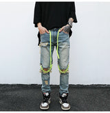 high street knee hole with chain ripped biker jeans mens slim fit denim pants autumn new streetwear casual hip hop pants joggers unique joggers style 4253