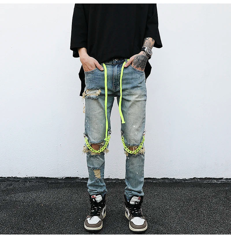 high street knee hole with chain ripped biker jeans mens slim fit denim pants autumn new streetwear casual hip hop pants joggers unique joggers style 4253