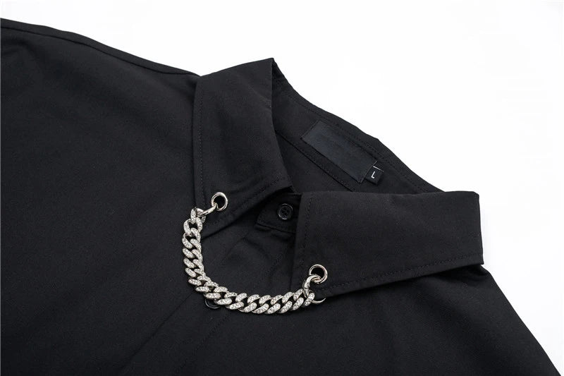 Men Fashion Punk Shirt  Hip Hop Black Harajuku Shirts with Chain Streetwear Summer Loose Short Sleeve Casual Tops Mens Shirts