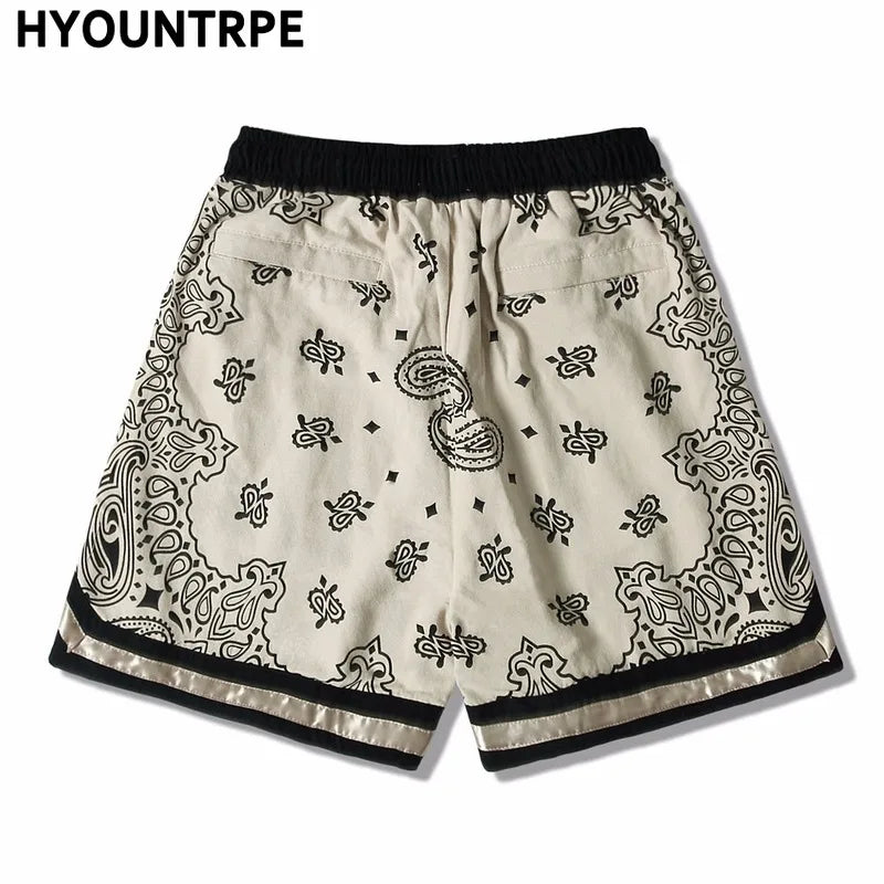 Mens Paisley Printed Hip Hop Loose Shorts Elastic Waist Sweat Shorts Casual Harajuku Drawstring Streetwear Sportswear Joggers