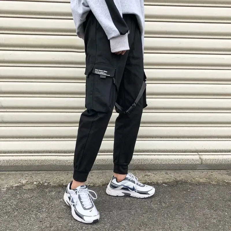 ribbons harem joggers men cargo pants streetwear 2023 hip hop casual pockets track pants male harajuku fashion trousers urban active pants