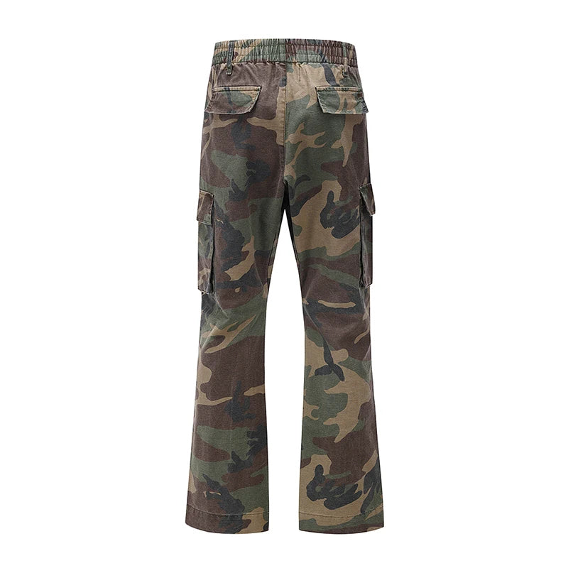 streetwear mens hip hop camouflage flare pants fashionable camo cargo pants male slim fit camouflage trousers women all match unique cargo style 5132