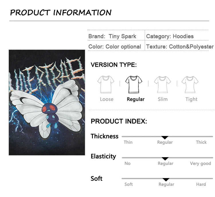 2023 Men Hip Hop Hoodie Sweatshirt Lightning Butterfly Streetwear Hoodie Retro Vintage Washed Black Hooded Pullover Harajuku