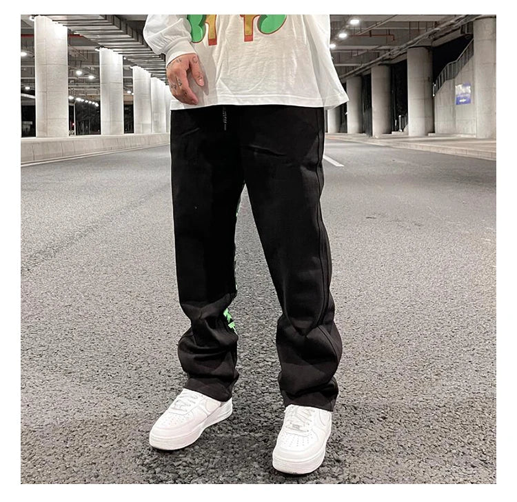men jeans hip hop letters embroidery denim jeans high street casual loose straight elastic waist joggers hip hop streetwear pant unique joggers style 3859
