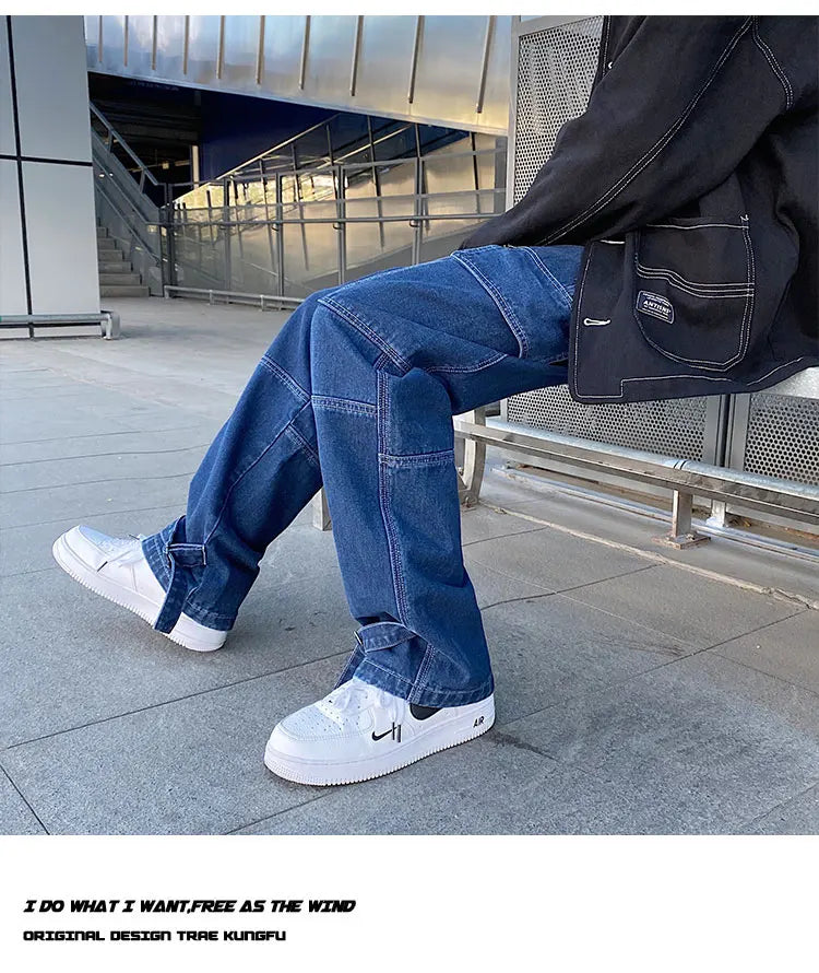 men jeans wide leg denim pants loose straight baggy mens jeans hip hop streetwear skateboard neutral denim trousers cargo jeans unique cargo style 2653