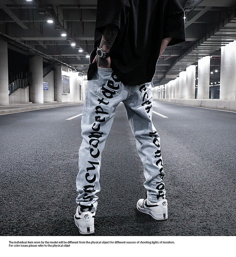 men back letter embroidery denim jean pants fashion slim zipper biker jeans trouser new casual hip hop streetwear pants joggers unique joggers style 1295