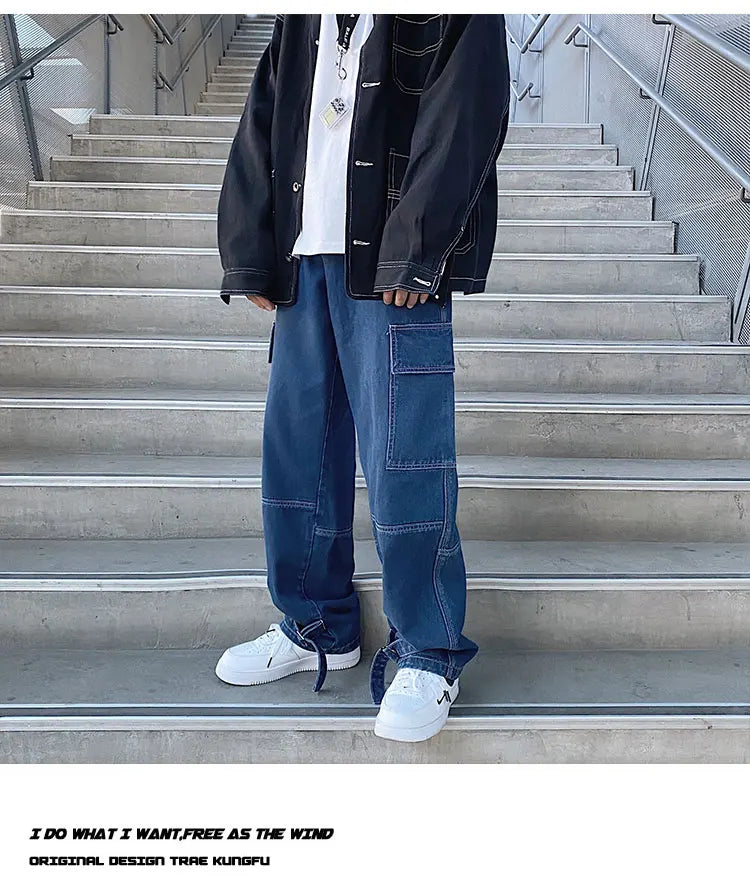 men jeans wide leg denim pants loose straight baggy mens jeans hip hop streetwear skateboard neutral denim trousers cargo jeans unique cargo style 2655