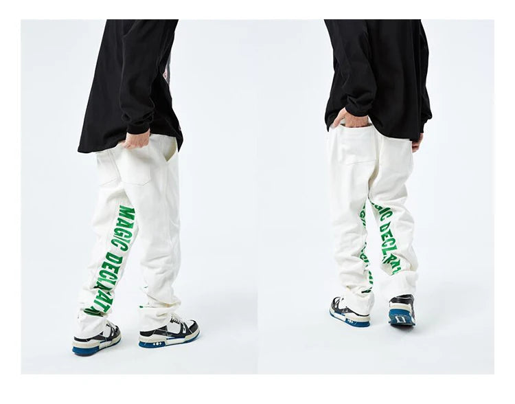 men jeans hip hop letters embroidery denim jeans high street casual loose straight elastic waist joggers hip hop streetwear pant unique joggers style 3864