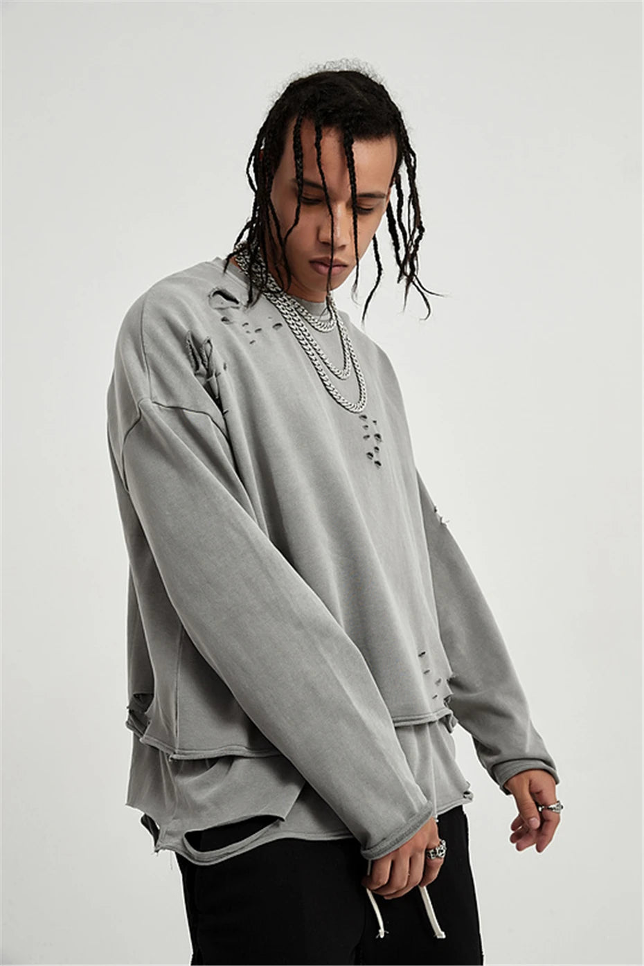 Hip Hop Streetwear Vintage Sweatshirt 2021 Autumn Creative Distressed Destroyed Ripped Holes Pullover Cotton Tops Loose WE301