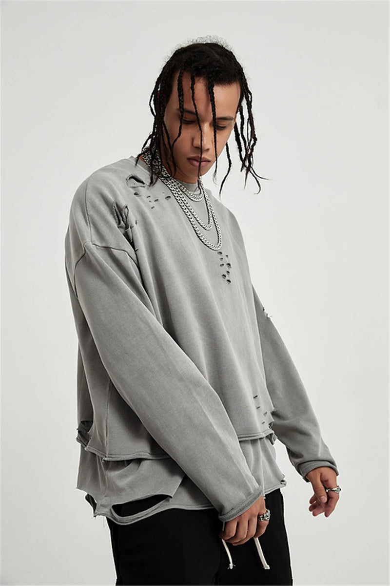Hip Hop Streetwear Vintage Sweatshirt 2021 Autumn Creative Distressed Destroyed Ripped Holes Pullover Cotton Tops Loose WE301