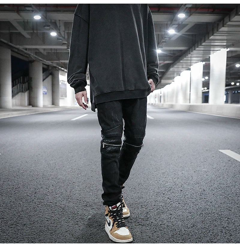 knee zipper hole patckwork skinny denim jeans men casual slim biker trousers jeans fashion streetwear hip hop jean pants joggers unique joggers style 1035