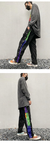 mens side buttons patchwork harajuku straight pants casual elastic waist fake suede trousers hip hop streetwear casual joggers unique joggers style 3901