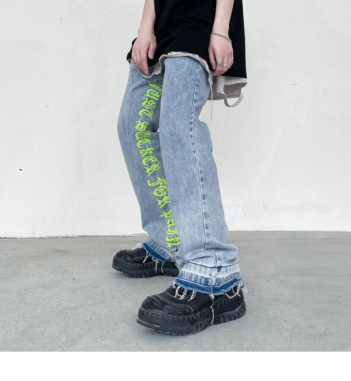fashion letters embroidery denim flare jeans mens high street elastic waist straight trouser hip hop streetwear pants joggers unique joggers style 4804