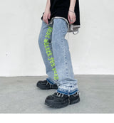 fashion letters embroidery denim flare jeans mens high street elastic waist straight trouser hip hop streetwear pants joggers unique joggers style 4804