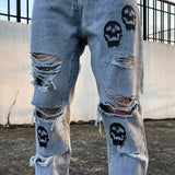 fashion skull printed denim jeans mens destoryed holes zipper flare jeans hip hop streetwear summer casual joggers jeans pants relaxed fit joggers
