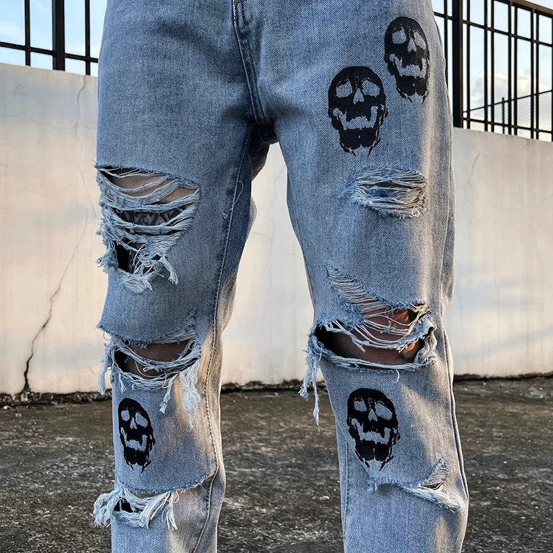 fashion skull printed denim jeans mens destoryed holes zipper flare jeans hip hop streetwear summer casual joggers jeans pants relaxed fit joggers