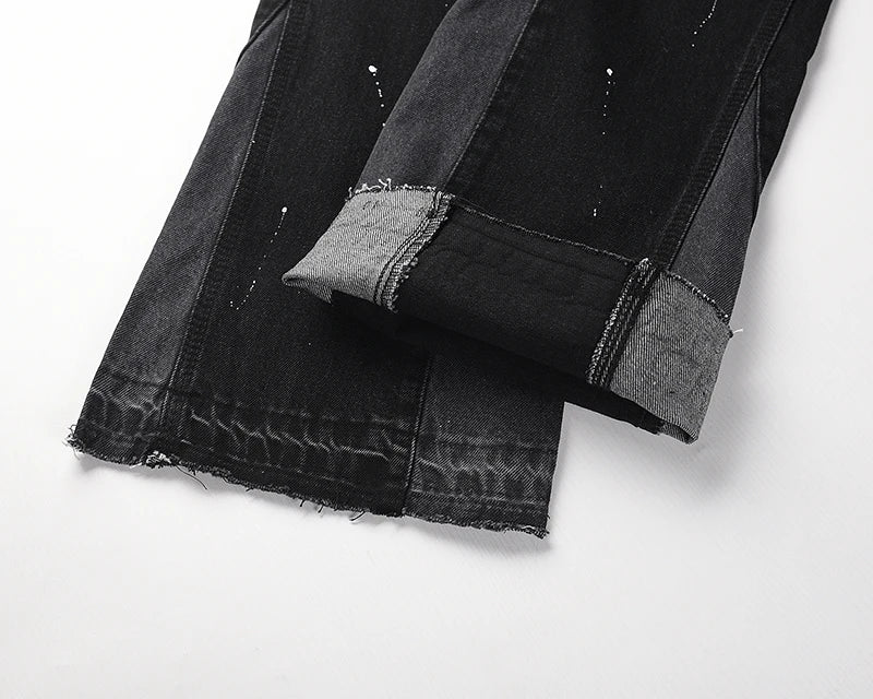 high street retro spotted ink contrast color flared jeans pants male wide leg plus size patchwork ripped denim trousers unique jeans style 119