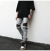high street pu leather zippers patchwork biker jeans mens stretch denim slim jean pants motorcycle slim trousers hip hop pants unique jeans style 2313