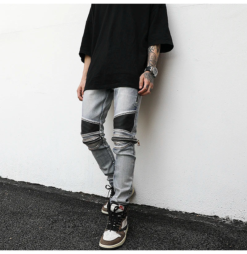 high street pu leather zippers patchwork biker jeans mens stretch denim slim jean pants motorcycle slim trousers hip hop pants unique jeans style 2313