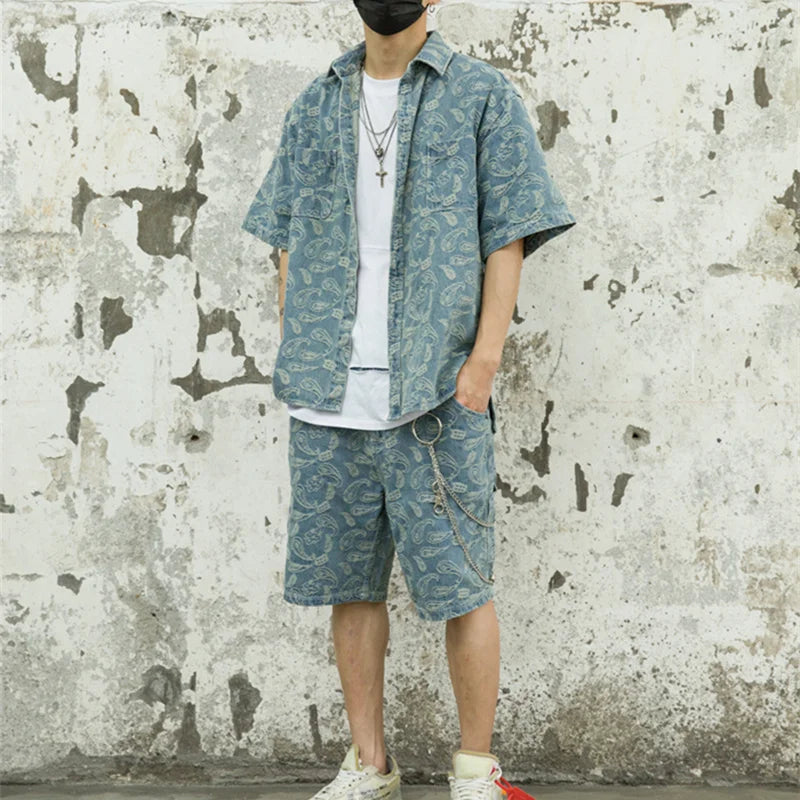 2 Pieces Sets Mens Fashion Embroidery Single Breasted Denim Jeans  Shirts and Straight Zipper Shorts Joggers Streetwear Sets