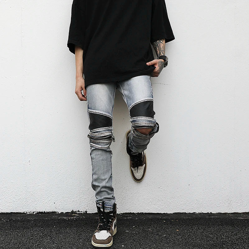 high street pu leather zippers patchwork biker jeans mens stretch denim slim jean pants motorcycle slim trousers hip hop pants denim street jeans