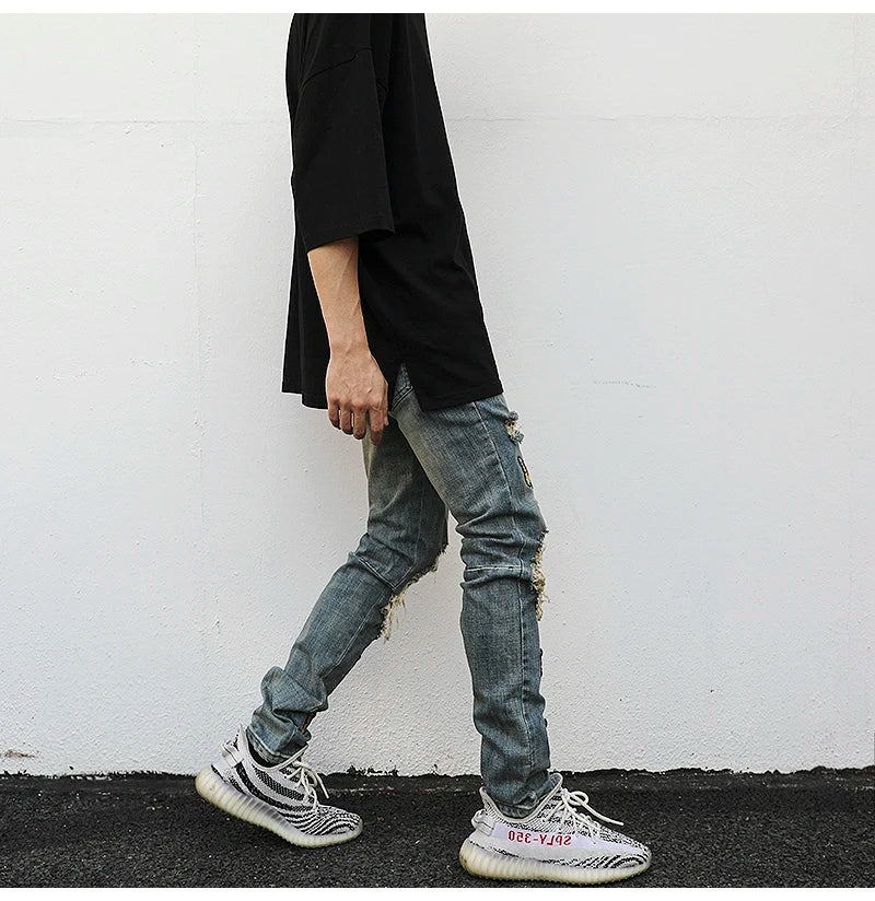 high street butterfly embroidery knee ripped hole jeans mens casual hip hop distressed jeans slim fit skinny denim pants joggers unique joggers style 1891