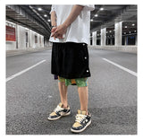 men side buttons patchwork harajuku straight shorts new elastic waist short pants joggers hip hop streetwear casual sweatshorts unique joggers style 1097