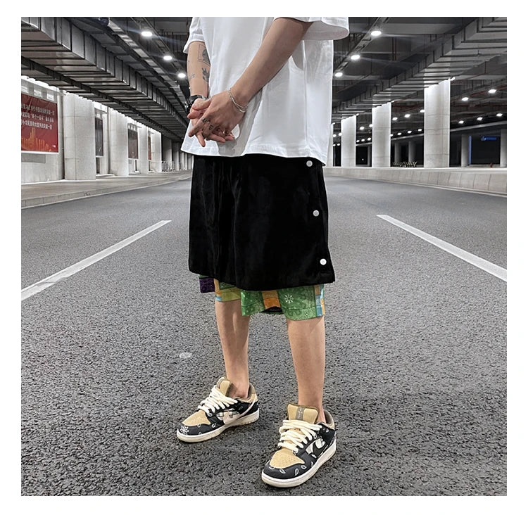 men side buttons patchwork harajuku straight shorts new elastic waist short pants joggers hip hop streetwear casual sweatshorts unique joggers style 1097