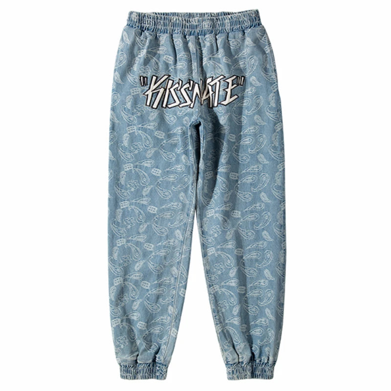 hip hop loose fit elastic waist pants fashion embroidery denim ankle pants mens new casual drewstring sportwear pants joggers streetwear sweatpants