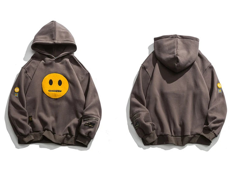 Men Hip Hop Hoodie Streetwear Sweatshirt Zipper Pocket Patches Hoodie 2023 Harajuku Cotton Fleece Hooded Pullover Grey White