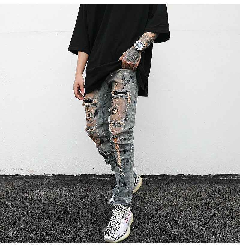 bottom zipper destroyed jeans skinny jeans ripped slim men biker jeans fashion graffiti printed streetwear hip hop pants joggers unique joggers style 653