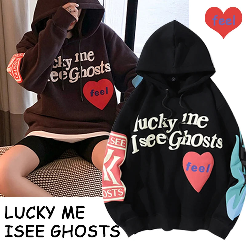 2021 Harajuku Weirdo Graffiti Letter Printed Hoodies Men Lucky Me I Se