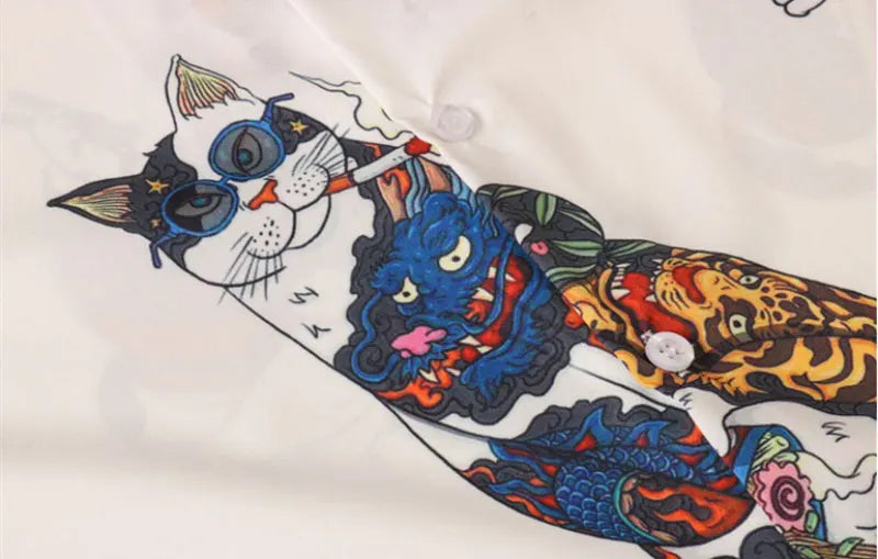 Sadcore Oversized shirt – Gonthwid Hawaiian Beach Shirts Harajuku Japanese Tattoo Cat