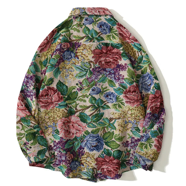 Aolamegs Shirt Men Vintage Watercolor Floral Print Oversized Shirts Coat Autumn Retro Harajuku Hip Hop Fashion Casual Streetwear